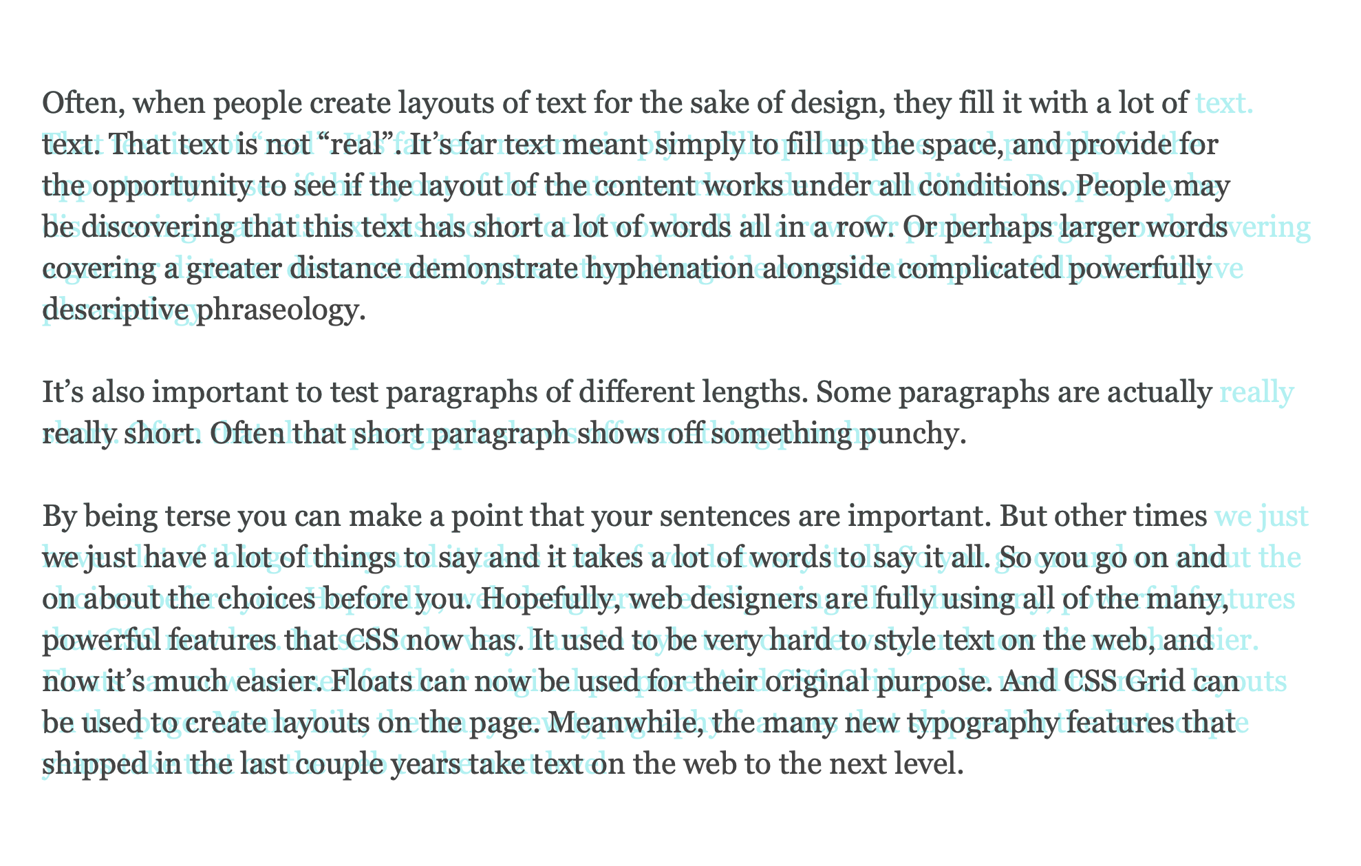 The same text, only now the well wrapped version is in normal color text, with the previous, badly wrapped version directly behind the good version, in a faint cyan color. It's a ghost of the before version, making it clear which lines have changed and how.